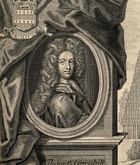 Thomas Greenhill. Line engraving by J. Nutting, 1705, after P. Berchet after T. Murray.