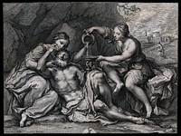 Lot, drunk, rests back into the arms of one of his daughters; the other one pours him more wine; in the background his wife watches Sodom burn. Engraving by W. Kent after D. Zampieri, il Domenichino, 1630.