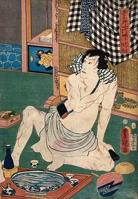 Actor Ichikawa Kodanji  in a loin-cloth, his body covered with sword scars, is seated at a meal. Colour woodcut by Kunisada I, 1857.