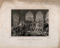 Napoleon Bonaparte visiting plague-stricken soldiers at Jaffa in 1799. Engraving by F. Pigeot after A.J. Gros, 1804.