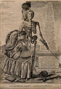 The figure of a woman divided in two parts: half skeleton, half lady of fashion, standing next to a obelisk inscribed with biblical quotations. Etching, 17--, attributed to V. Green.