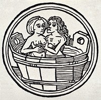 A young woman and an old woman in a bath tub. Reproduction of a woodcut, 1495.