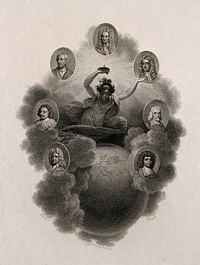 Fame, with a lamp, hovering among clouds over the earth: around her are seven portraits of philosophers in ovals. Engraving by T. Millow, 1804, after R. Smirke.