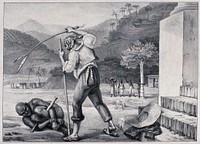 A white man in Brazil whipping a black man who has been tied up and lies before him on the ground. Chalk lithograph after J.B. Debret.