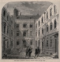 Royal Society, Crane Court, off Fleet Street, London: the courtyard. Wood engraving after [W.H.], 1877.