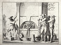 Men taking water from a fountain; the water is dispensed through a grotesque lion's head. Etching.