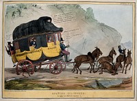 A coach representing the quadruple alliance of England, France, Portugal and Spain is disabled owing to a broken wheel. Coloured lithograph by H.B. (John Doyle), 1836.