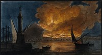 Mount Vesuvius in eruption in 1767, from the mole at Naples. Coloured mezzotint by Pietro Fabris, 1776, after his painting, 1767.
