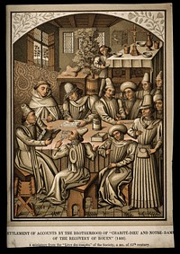 The Order of Monks of the 'Charité-Dieu and Notre-Dame settling their accounts. Coloured chromolithograph.