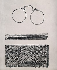 A pair of antique spectacles with their case. Transfer lithograph by C. Dims, 1877, after H. Strickland.