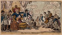 John Bull on a throne receiving emaciated and tattered supplicants for charity, including Napoleon. Coloured etching by G. Cruikshank, 1814.