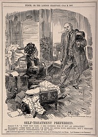 A doctor visiting a patient who insists on self medication; representing Lord Rosebery's chairmanship of a committee advocating reform in the House of Lords. Wood engraving by Sir E.L. Sambourne, 1907.