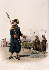A beadle, carrying his staff: behind him two churchwardens lead a procession of orphans of the parish, the boys carrying wands to beat the bounds. Coloured aquatint by W. H. Pyne, 1805.