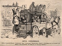 An omnibus full of distraught women due to leeches having escaped from their broken jar. Wood engraving by J. Leech.