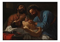 SS. Cosmas and Damian dressing a chest wound. Oil painting.