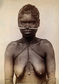 Australia: an aboriginal woman with a bone through her nose. Photograph by Henry King, ca. 1890.