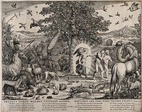 The animals look on as the angel expels Adam and Eve from paradise. Engraving by C.J. Visscher.