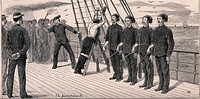 A sailor is stripped to the waist, tied to a ladder and being flogged with a cat-o'-nine-tails while four sailors are waiting for their turn to flog him. Wood engraving by W.R.