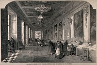 Franco-Prussian War: Galerie de Diane, Tuileries Palace, shown as a hospital ward for the wounded. Wood engraving by Smyth, 187-.