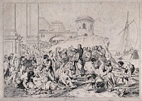 The sick are brought to Christ at Gennesaret by the sea. Etching, 1834, after J-B. Jouvenet.