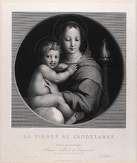 Saint Mary (the Blessed Virgin) with the Christ Child. Engraving by F.E.A. Bridoux after Raphael.