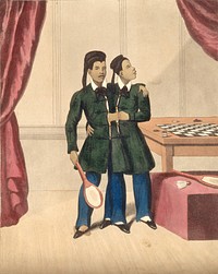 Chang and Eng the Siamese twins, in a games room. Coloured engraving.