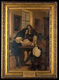 Christopher Wren making his first demonstration of a method of introducing drugs into a vein, before Dr Willis, 1667. Oil painting by Ernest Board.