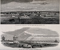 Civil engineering: the Mersey Ferry landing stage (top), and the pier at Lytham (below). Wood engraving after [H.R.].