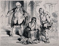 A liveried footman sends on their way a starving family who are sitting outside the side-door of a mansion. Wood engraving by J. Thompson after Fred Tayler.