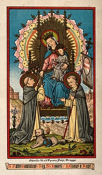 Saint Mary (the Blessed Virgin) with the Christ Child and Saint Dominic Guzman and the Blessed Alan of Roche. Colour lithograph by K. Van de Vvyvere.