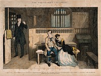 A convicted thief sits in prison with his distraught sister who has been acquitted. Coloured etching by G. Cruikshank, 1848, after himself.
