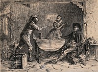 A man has his fist raised against another man as playing cards lie all around, a woman carrying a tray recoils in fright. Etching.
