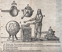 An alchemist at a furnace with a large 'receiver', with diagrams of alchemical apparatus. Woodcut, 1658.