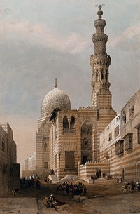 Tombs of the caliphs, with minaret, Cairo, Egypt. Coloured lithograph by Louis Haghe after David Roberts, 1848.