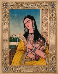 A western  woman in a Indian dress holding a sheet of paper. Gouache painting by an Indian painter.