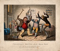 A group of merry, dancing former invalids discarding their medicines in favour of alcohol as a cure. Coloured aquatint by G. Hunt, 1827, after T. Lane.