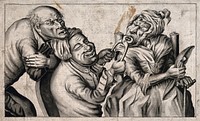 A tooth-drawer using pincers to extract a tooth from an old woman, her husband agonizingly observes the situation. Pen drawing after J. Collier, 1773.