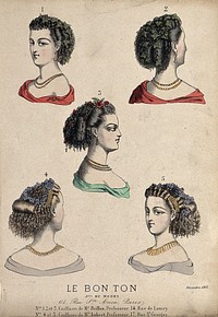 The heads and shoulders of five women with ringletted hair dressed with leaves, flowers, beads and slides. Coloured lithograph, 1865.