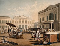 A Bombay square: some men carry sedan chairs and others smoke. Coloured aquatint after R.M. Grindlay, 1826.