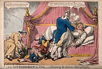 The Regent approaching Lady Hertford who is giving birth to fully dressed little men, Perceval (dressed as a nurse) helps them stand up; representing additions to the ministry after the removal of the Regency restrictions. Coloured etching by C. Williams, 1812.