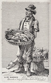 A man with an artificial arm selling live haddock from a basket he suspends from the hook on his left shoulder. Etching by J.T. Smith, 1815.