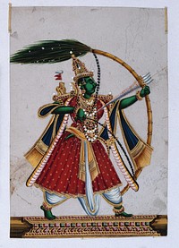 Manmatha (Kamadeva), Hindu god of love, shooting arrows with his bow. Gouache painting by an Indian artist.