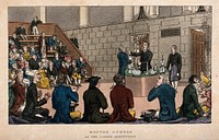 Doctor Syntax attending a scientific demonstration at the Royal Institution, London. Coloured aquatint by T. Rowlandson after W. Combe.