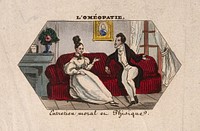 A young (homoeopathic) physician converses with a young woman on moral and physical matters. Coloured engraving.
