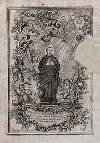 The Blessed (subsequently Saint) Francis Caracciolo, standing between two cherubim, surrounded by a rococo frame. Etching by D. de San Román y Codina, 1770.