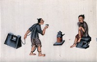 Two Chinese prisoners, shackled to large weights: one prisoner drinks tea , while the other sits beside a small furnace. Gouache painting on rice-paper, 18--.