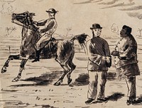 Singapore: two race-going celebrities talk as a race horse is ridden past them. Pen and ink drawing by J. Taylor, 1881.