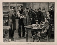 A board of medical officers of the Navy examining a naval man's injured arm. Halftone after Joseph Nash the younger after a sketch by A. Gascoigne Wildey.