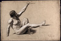 A seated male nude with left arm and right leg raised. Chalk drawing by Pickersgill.
