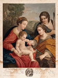 Saint Mary (the Blessed Virgin) with the Christ Child, Saint Catherine of Alexandria and Saint Sebastian. Colour engraving by J. Duthé after A. Allegri, il Correggio.